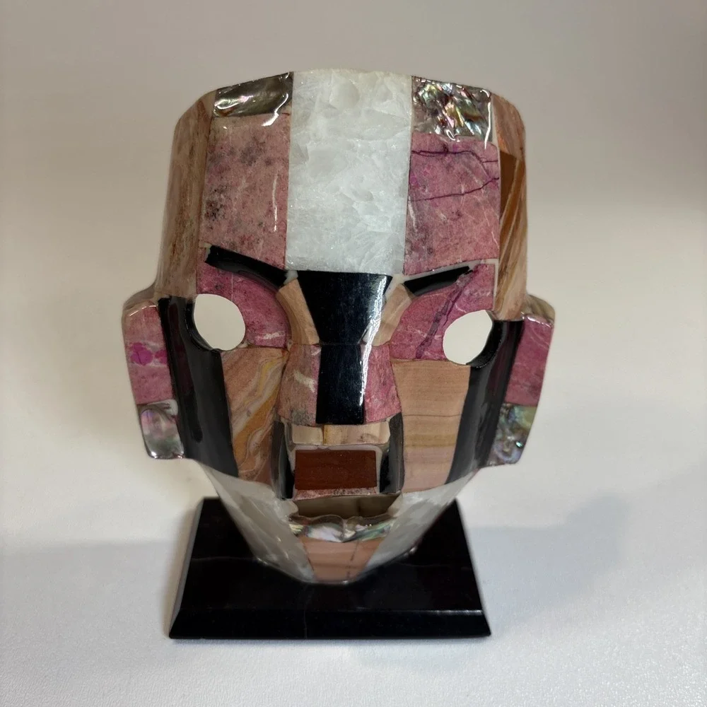 Vintage Mexican Aztec/Mayan Stone Burial Death Mask Onyx Abalone 8